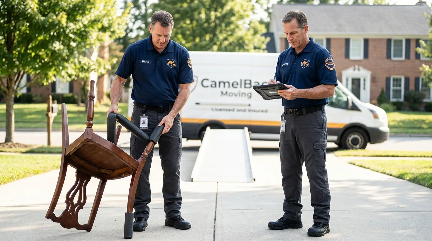 Movers inspecting furniture for damage prevention before loading in Loyalhanna, PA