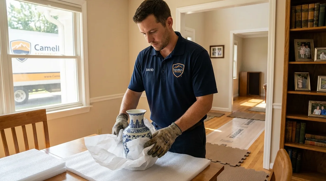 Professional crew carefully wrapping antique vase for senior downsizing move in Loyalhanna, PA