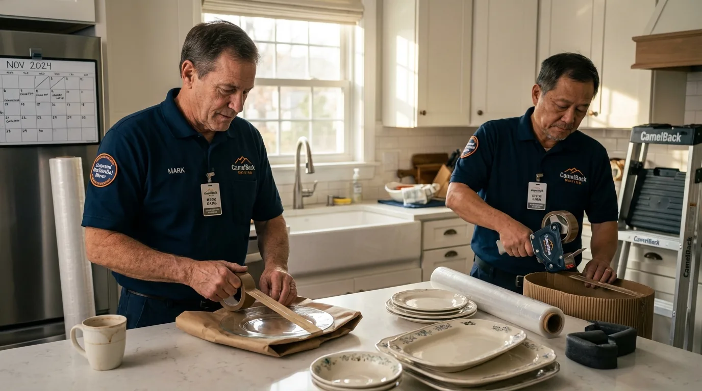 Professional crew packing kitchen dishware in Loyalhanna, PA